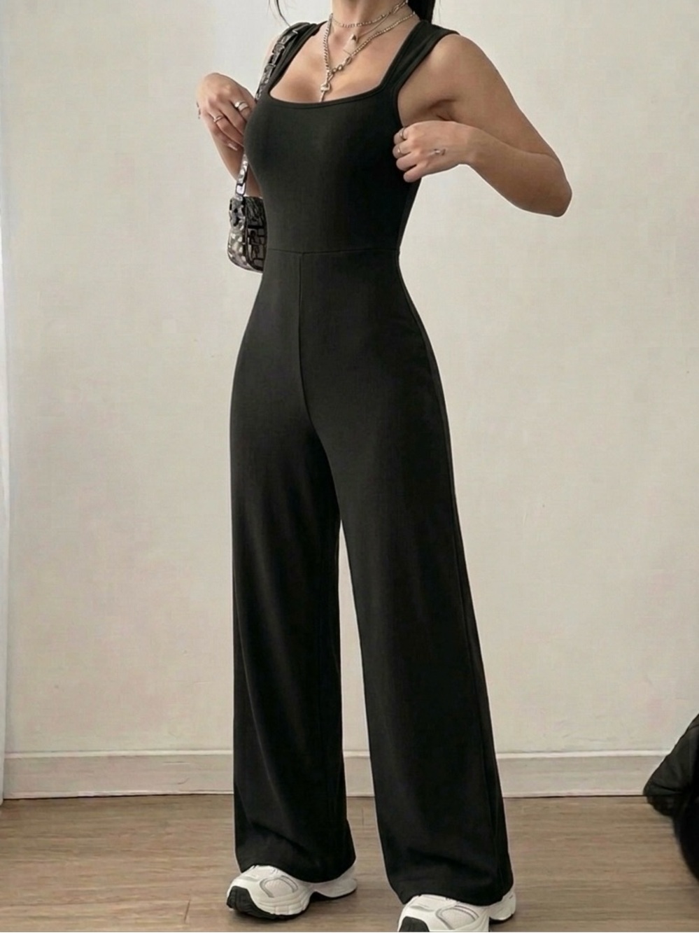 Black Womens Tank Jumpsuit - Sleek Wide-Leg Romper